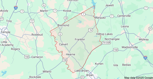 A road map showing the outline of Robertson county, Texas and the surrounding cities